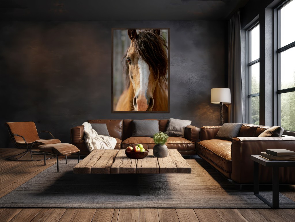 Designer living room with a large framed metal print of a horse's face hanging vertically over the couch.